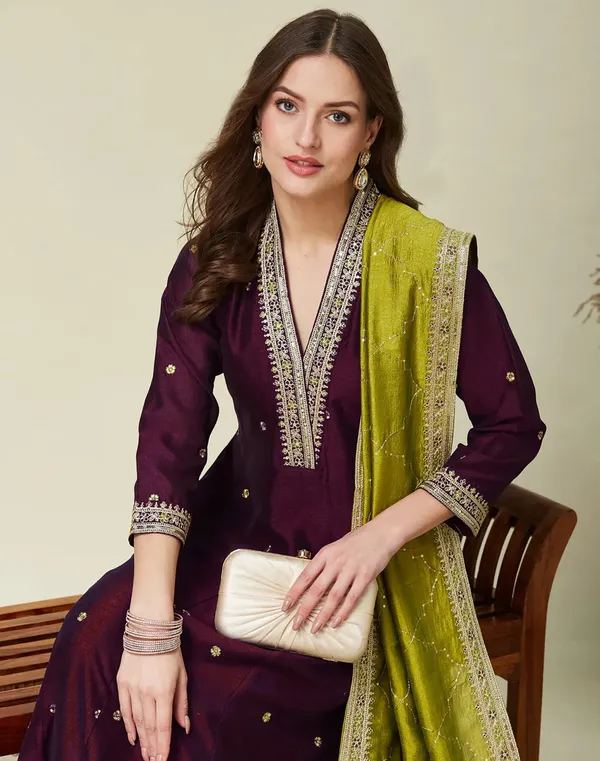 Purple_Embroidered_Anarkali_Kurta_Set_With_Chartreuse_Dupatta