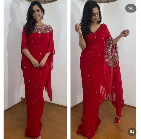 Exclusive_2_Styles_Hand_Worked_Drape_Saree_On_Faux_Georgette_Fabric_With_Stitched_Blouse