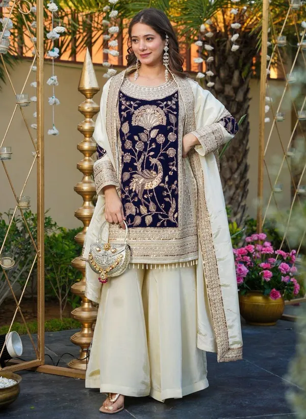 Elegant_Velvet_Embroidered_Ethnic_Kurta_Set_With_Palazzo_And_Dupatta