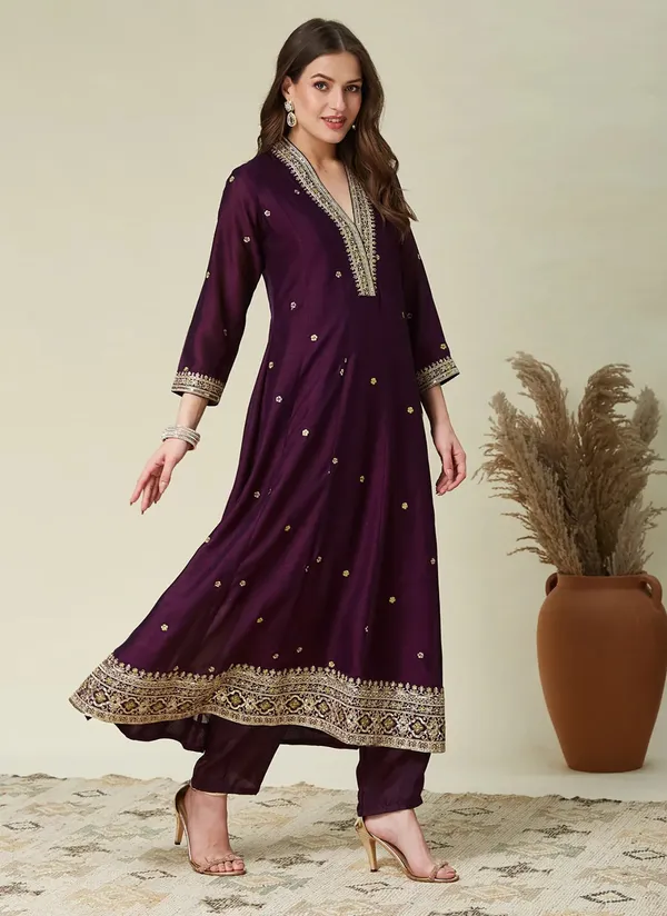 Purple_Embroidered_Anarkali_Kurta_Set_With_Chartreuse_Dupatta