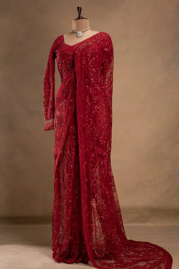 Red_Embellished_Net_Saree_With_Sequin_Work_Blouse