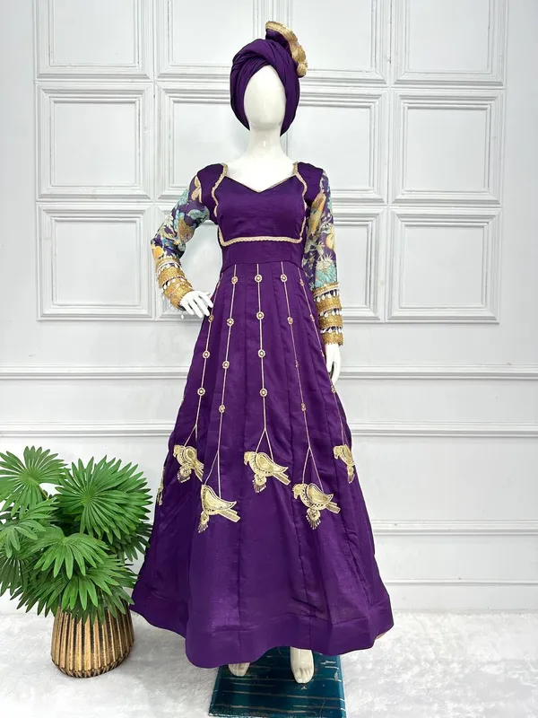 Purple_Embroidered_Anarkali_Gown_With_Golden_Bird_Motifs_And_Sheer_Sleeves