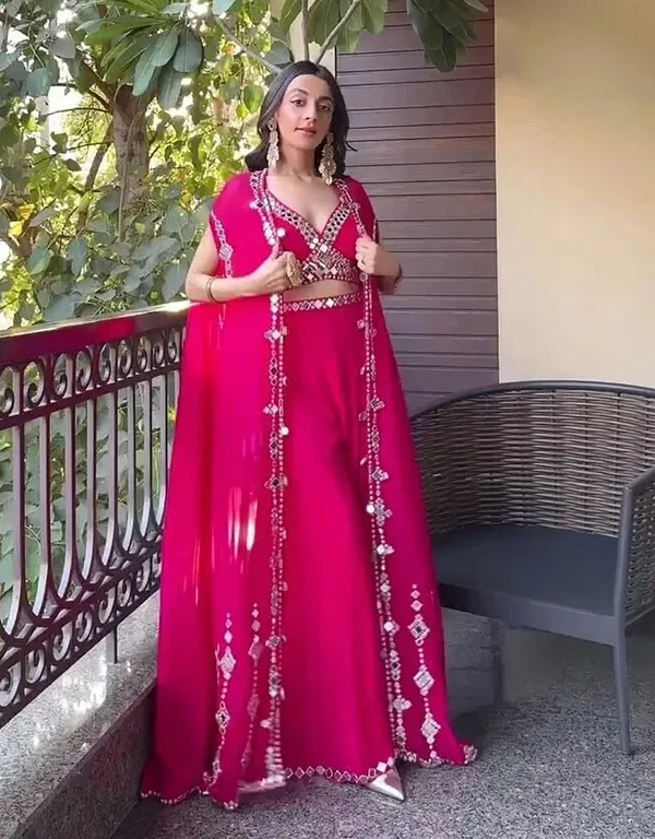 Rani_Pink_Mirror_Work_Lehenga_Choli_With_Flared_Sleeves_And_Dupatta