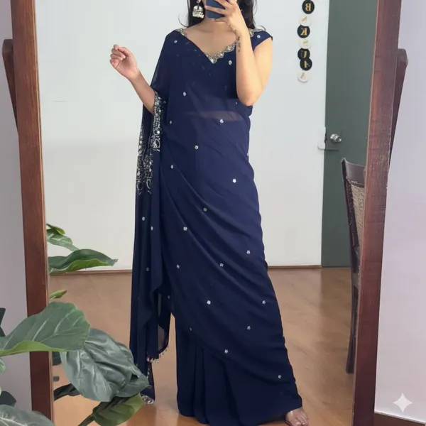 Exclusive_2_Styles_Hand_Worked_Drape_Saree_On_Faux_Georgette_Fabric_With_Stitched_Blouse
