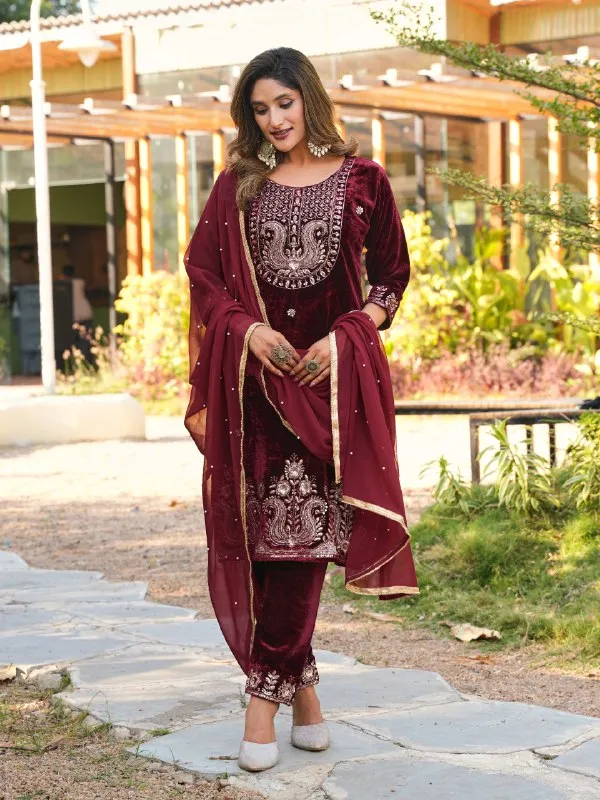 Maroon_Velvet_Embroidered_Ethnic_Suit_Set_With_Dupatta