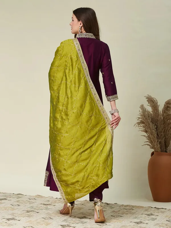 Purple_Embroidered_Anarkali_Kurta_Set_With_Chartreuse_Dupatta