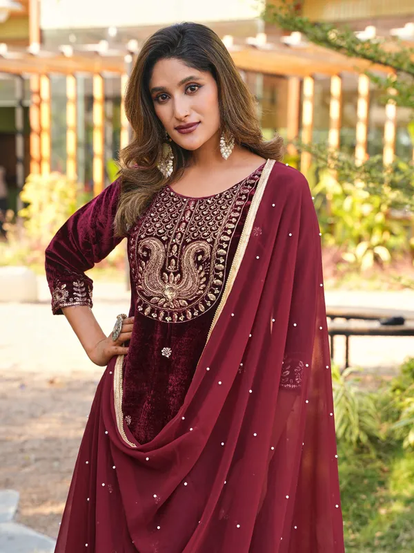 Maroon_Velvet_Embroidered_Ethnic_Suit_Set_With_Dupatta