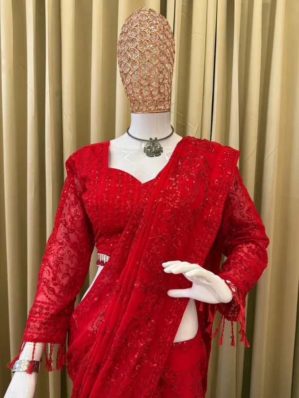 Red_Embellished_Net_Saree_With_Sequin_Work_Blouse