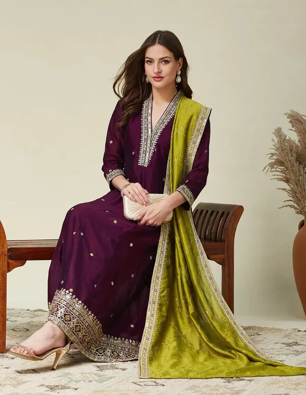 Purple_Embroidered_Anarkali_Kurta_Set_With_Chartreuse_Dupatta