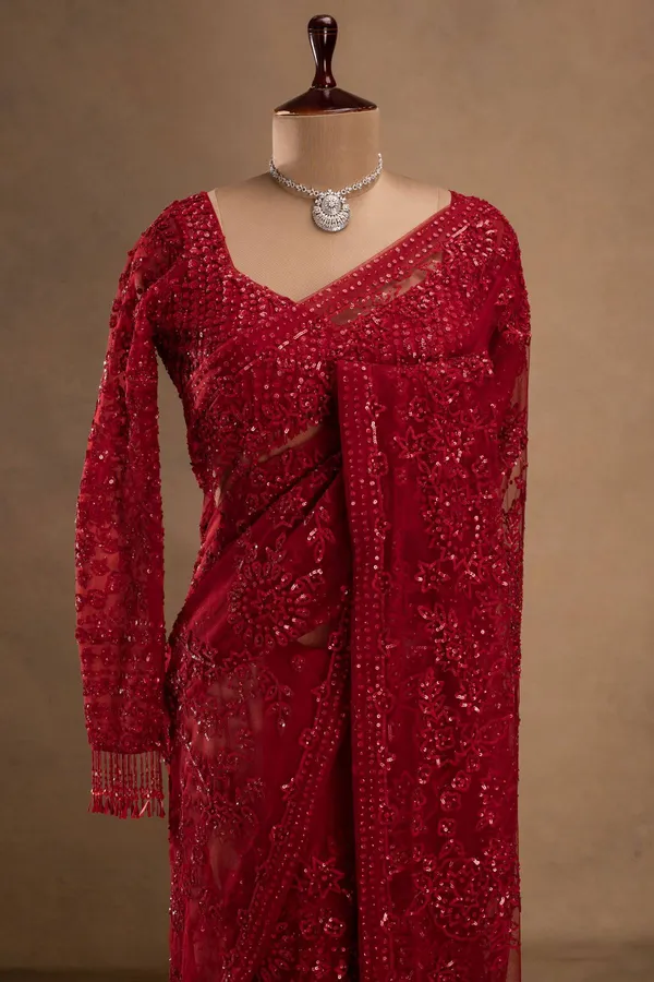Red_Embellished_Net_Saree_With_Sequin_Work_Blouse