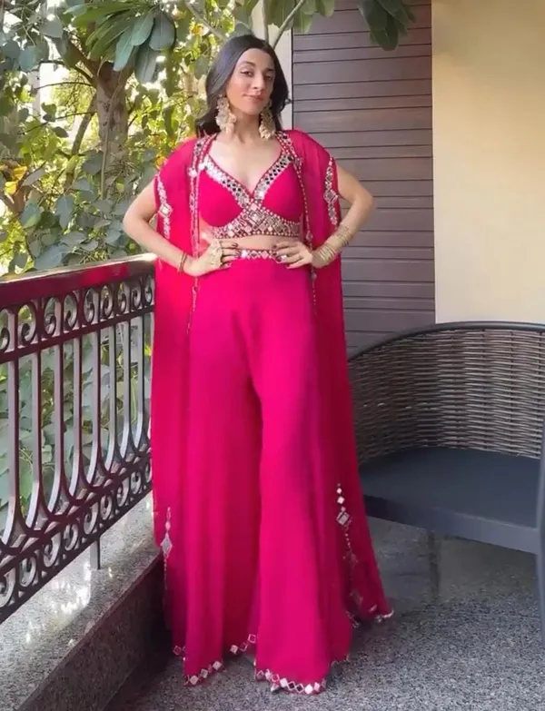 Rani_Pink_Mirror_Work_Lehenga_Choli_With_Flared_Sleeves_And_Dupatta