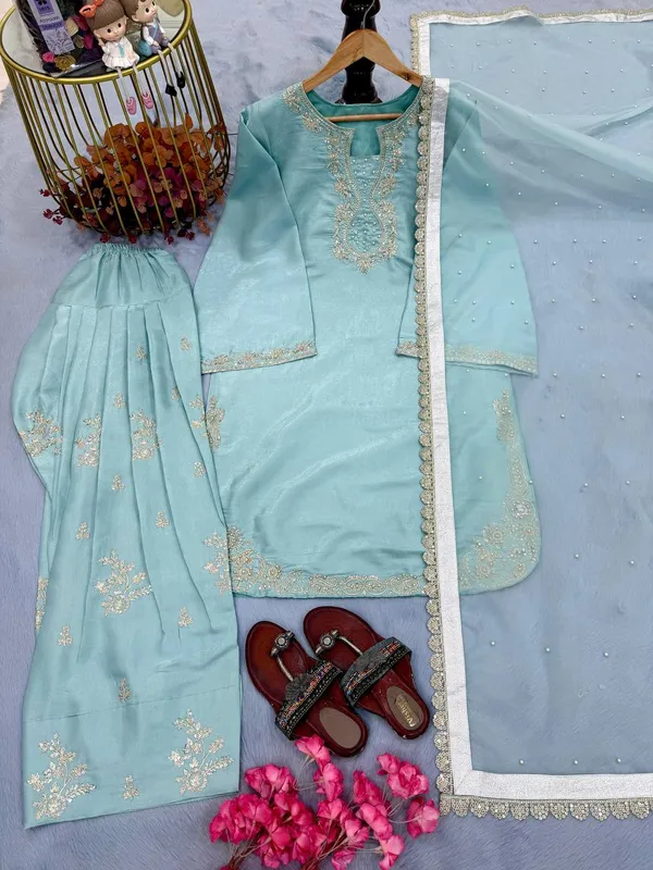 Designer__Party_Wear_Look_Pur_Glass_Satin_Top_&_Farshi_Palazzo_With_Dupatta_set*