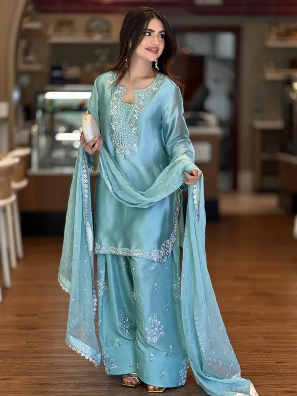 Designer__Party_Wear_Look_Pur_Glass_Satin_Top_&_Farshi_Palazzo_With_Dupatta_set*