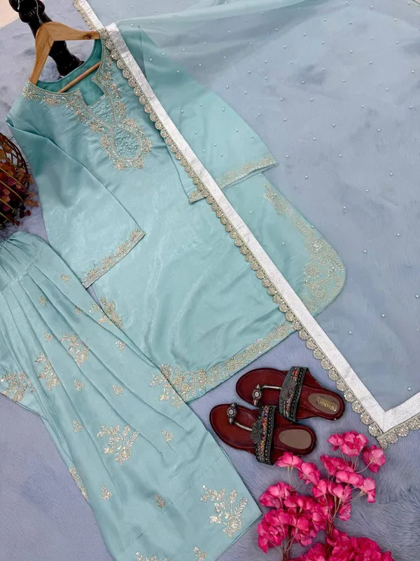 Designer__Party_Wear_Look_Pur_Glass_Satin_Top_&_Farshi_Palazzo_With_Dupatta_set*