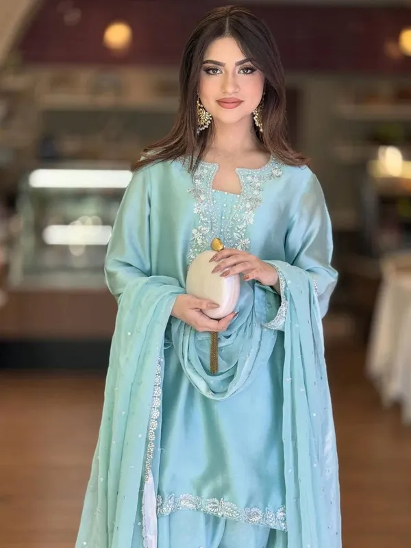 Designer__Party_Wear_Look_Pur_Glass_Satin_Top_&_Farshi_Palazzo_With_Dupatta_set*