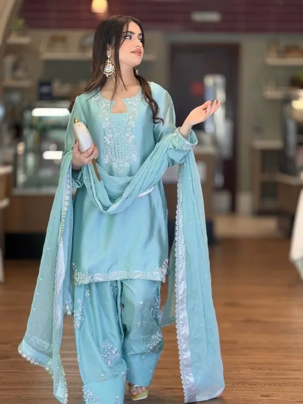 Designer__Party_Wear_Look_Pur_Glass_Satin_Top_&_Farshi_Palazzo_With_Dupatta_set*