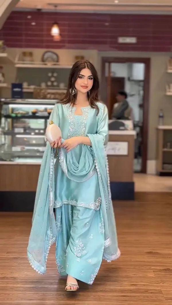 Designer__Party_Wear_Look_Pur_Glass_Satin_Top_&_Farshi_Palazzo_With_Dupatta_set*