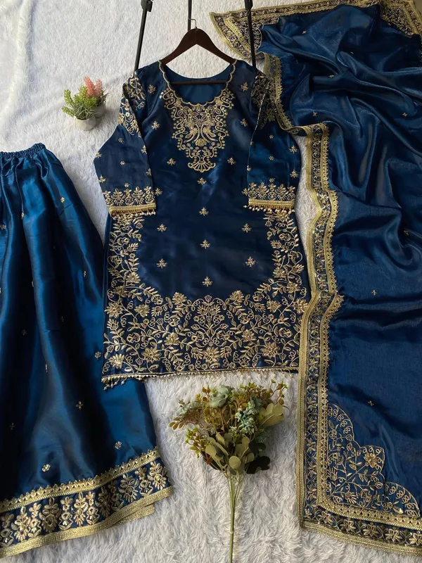 Navy_Blue_Embroidered_Gmy_Silk_Sharara_Suit_Set_With_Dupatta