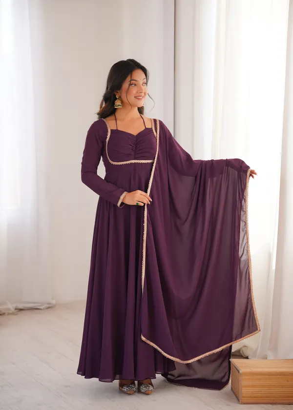 Dark_Purple_Georgette_Anarkali_Suit_With_Gold_Border_And_Dupatta