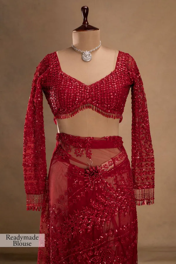 Red_Embellished_Net_Saree_With_Sequin_Work_Blouse