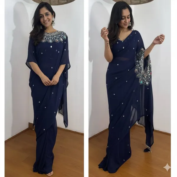 Exclusive_2_Styles_Hand_Worked_Drape_Saree_On_Faux_Georgette_Fabric_With_Stitched_Blouse