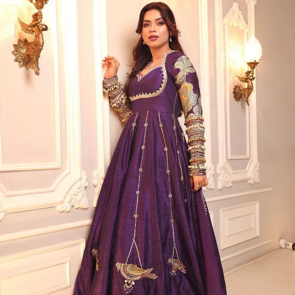 Purple_Embroidered_Anarkali_Gown_With_Golden_Bird_Motifs_And_Sheer_Sleeves