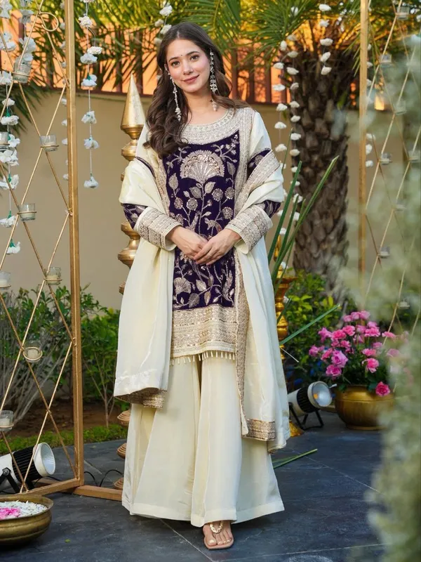 Elegant_Velvet_Embroidered_Ethnic_Kurta_Set_With_Palazzo_And_Dupatta