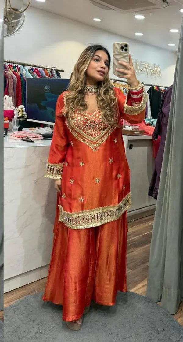 Red_Embellished_Ethnic_Dress_Set_With_Gold_Work