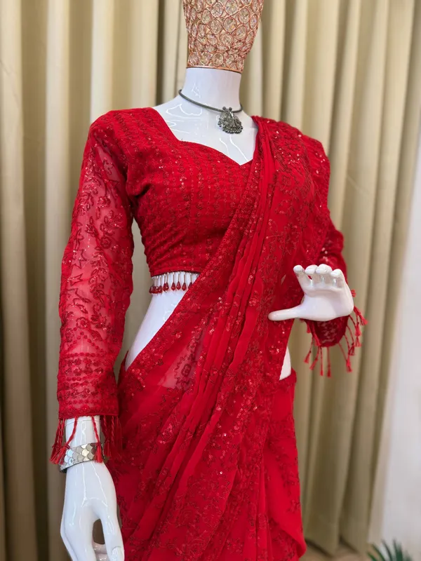 Red_Embellished_Net_Saree_With_Sequin_Work_Blouse