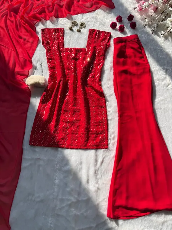 Red_Lace_Top_With_Flared_Pants_And_Dupatta_Ethnic_Fusion_Set