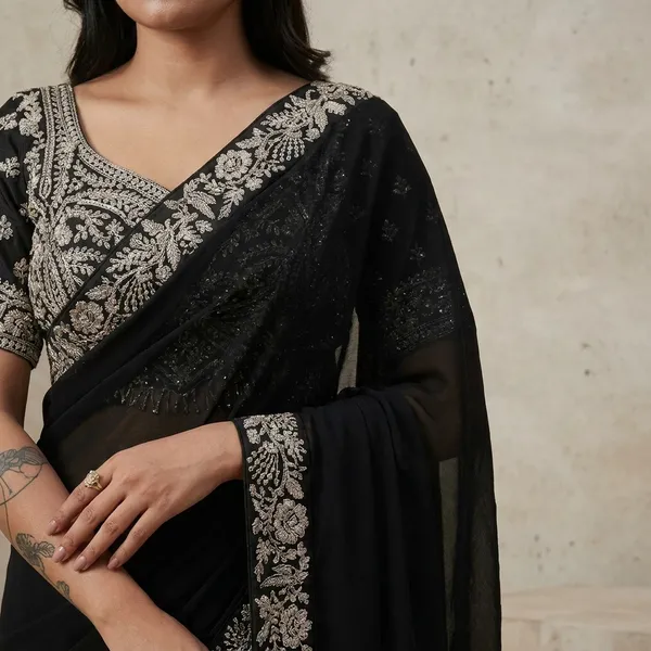 Exclusive_Outfit_As_Ready_To_Wear_Saree_With_Semi_Beads_And_Embroidered_Stylist_Blouse_And_On_Chinon_Fabric