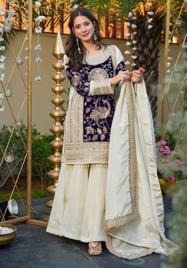 Elegant_Velvet_Embroidered_Ethnic_Kurta_Set_With_Palazzo_And_Dupatta