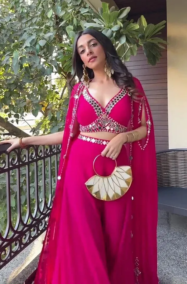 Rani_Pink_Mirror_Work_Lehenga_Choli_With_Flared_Sleeves_And_Dupatta