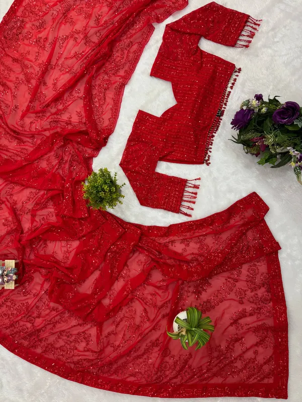 Red_Embellished_Net_Saree_With_Sequin_Work_Blouse