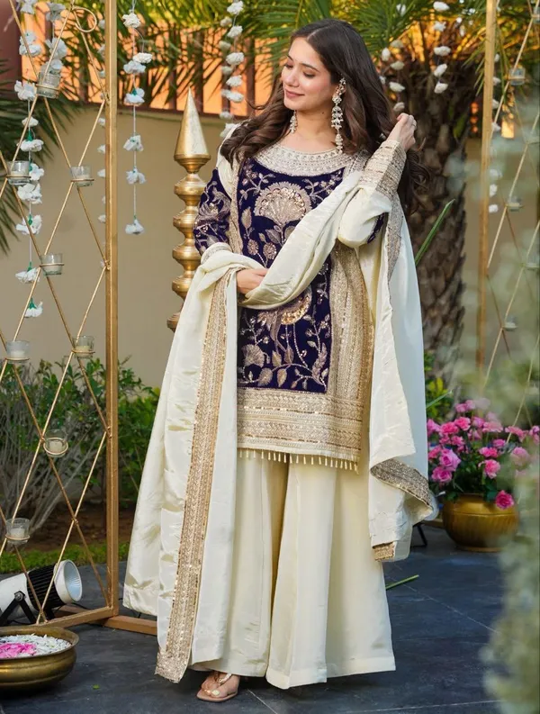 Elegant_Velvet_Embroidered_Ethnic_Kurta_Set_With_Palazzo_And_Dupatta