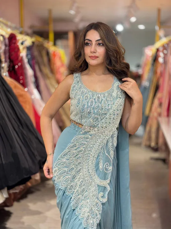 WEEARE_LAUNCHING_NEW_SUPERHIT_TRENDING_READY_TO_WEAR_SAREE_WITH_ORIGINAL_BEADS_MOTI_WORK_ON_STYLIST_BLOUSE_WITH_FAUX_GEORGETTE_FABRIC🥻