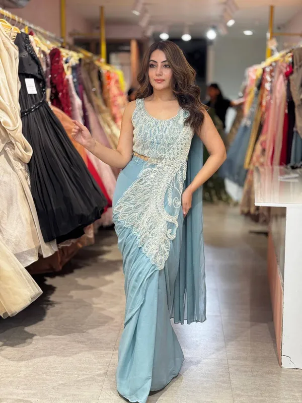 WEEARE_LAUNCHING_NEW_SUPERHIT_TRENDING_READY_TO_WEAR_SAREE_WITH_ORIGINAL_BEADS_MOTI_WORK_ON_STYLIST_BLOUSE_WITH_FAUX_GEORGETTE_FABRIC🥻