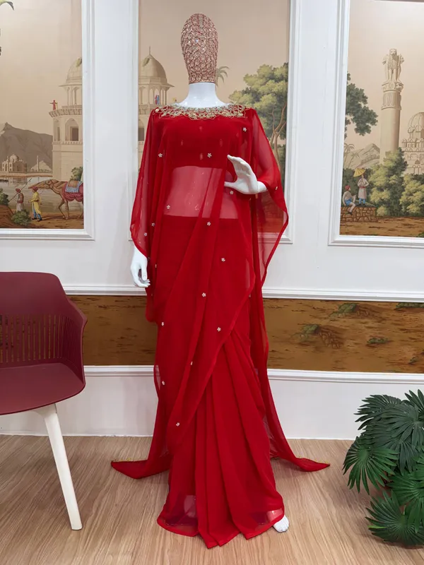 Exclusive_2_Styles_Hand_Worked_Drape_Saree_On_Faux_Georgette_Fabric_With_Stitched_Blouse