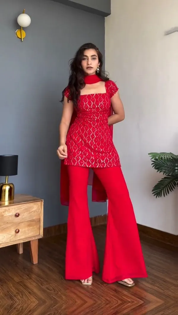 Red_Lace_Top_With_Flared_Pants_And_Dupatta_Ethnic_Fusion_Set