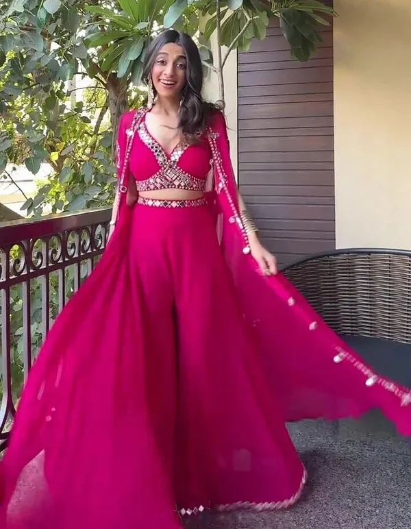 Rani_Pink_Mirror_Work_Lehenga_Choli_With_Flared_Sleeves_And_Dupatta