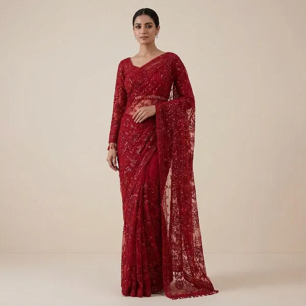 Red_Embellished_Net_Saree_With_Sequin_Work_Blouse