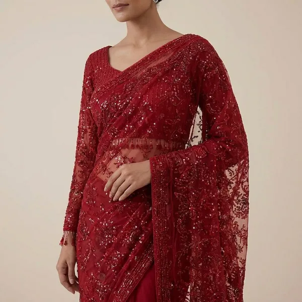 Red_Embellished_Net_Saree_With_Sequin_Work_Blouse
