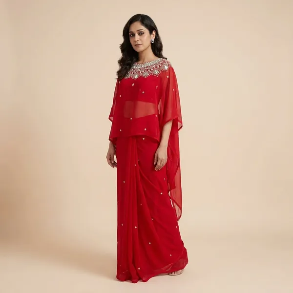 Exclusive_2_Styles_Hand_Worked_Drape_Saree_On_Faux_Georgette_Fabric_With_Stitched_Blouse