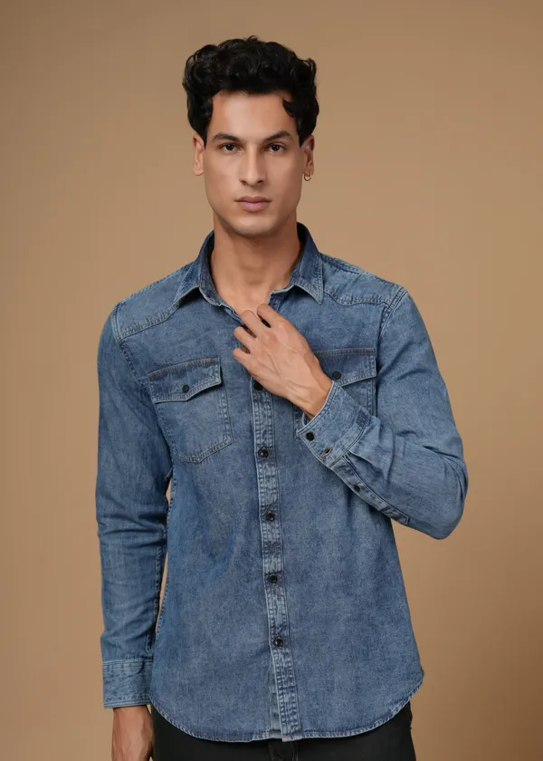 Mid_Blue_100%_Cotton_Denim_Shirt_For_Men