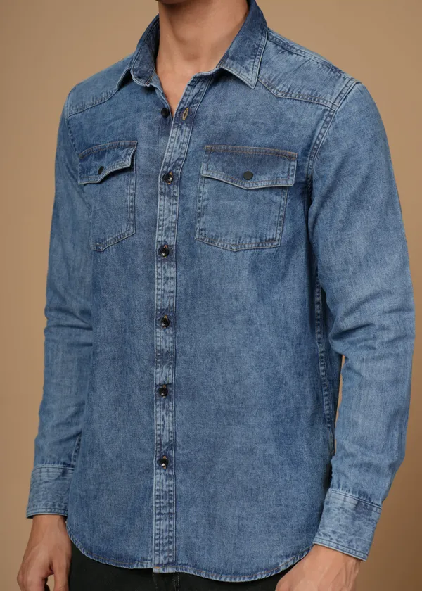 Mid_Blue_100%_Cotton_Denim_Shirt_For_Men