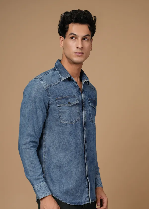Mid_Blue_100%_Cotton_Denim_Shirt_For_Men