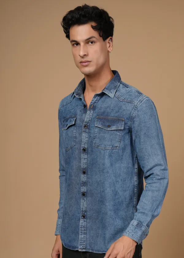 Mid_Blue_100%_Cotton_Denim_Shirt_For_Men