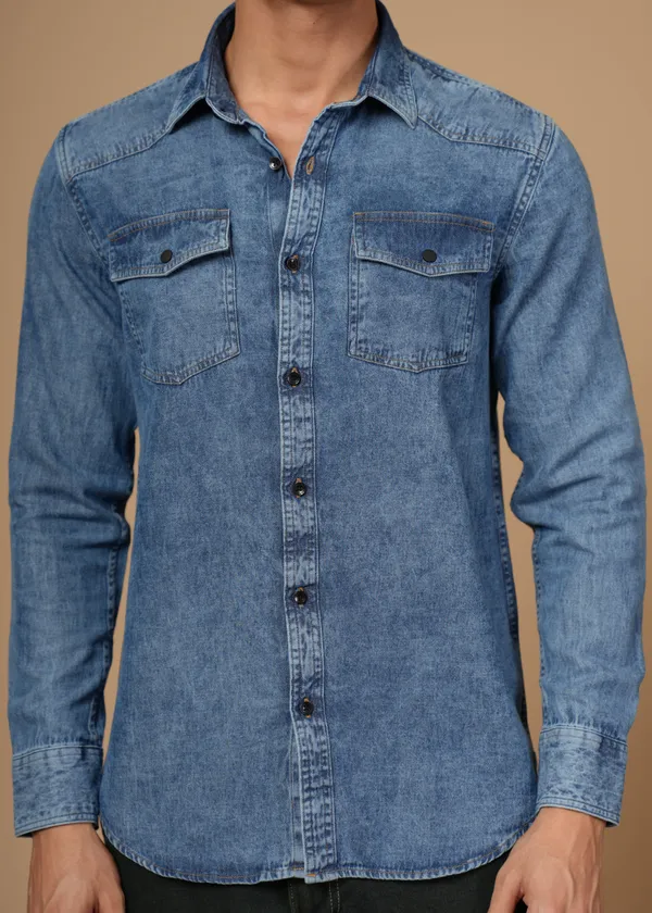 Mid_Blue_100%_Cotton_Denim_Shirt_For_Men
