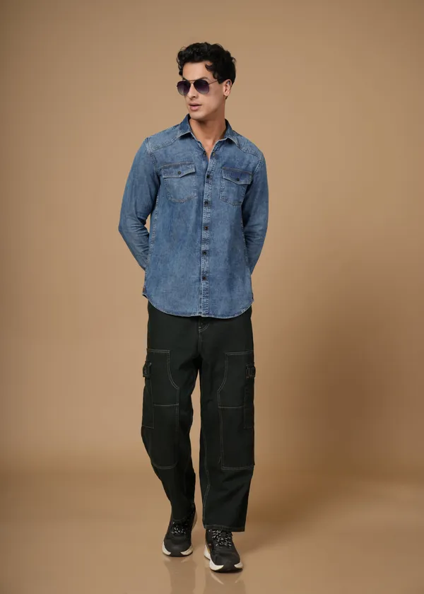 Mid_Blue_100%_Cotton_Denim_Shirt_For_Men
