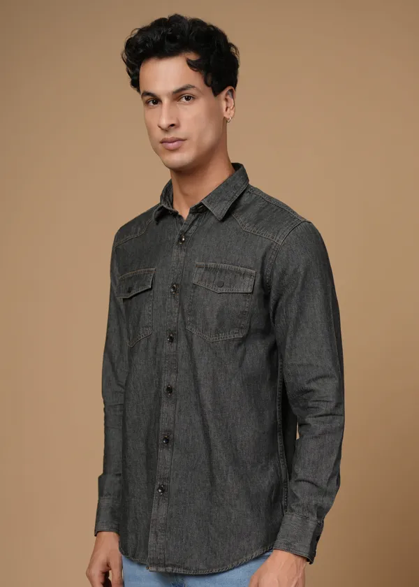 Dark_Grey_100%_Cotton_Denim_Shirt_For_Men